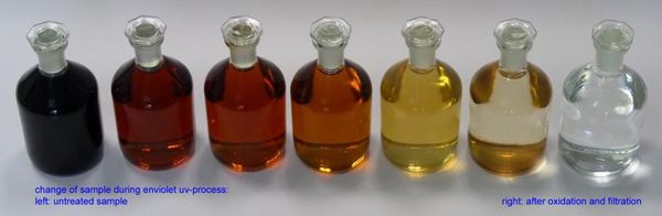 La eficiancia en la degradación de compuestos mediante la oxidación UV se puede observar claramente con el cambio de color de las siguientes muestras. Se pasa de un color oscuro a agua clara gracias al tratamiento UV